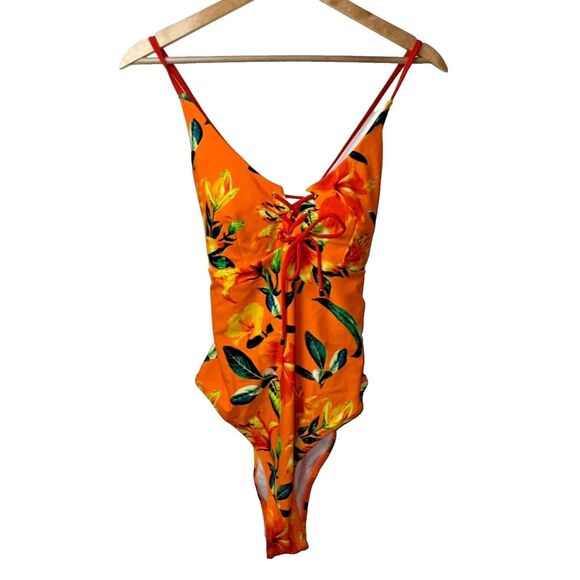 Cupshe XXL Orange Floral One Piece Bathing Suit - Picture 1 of 5